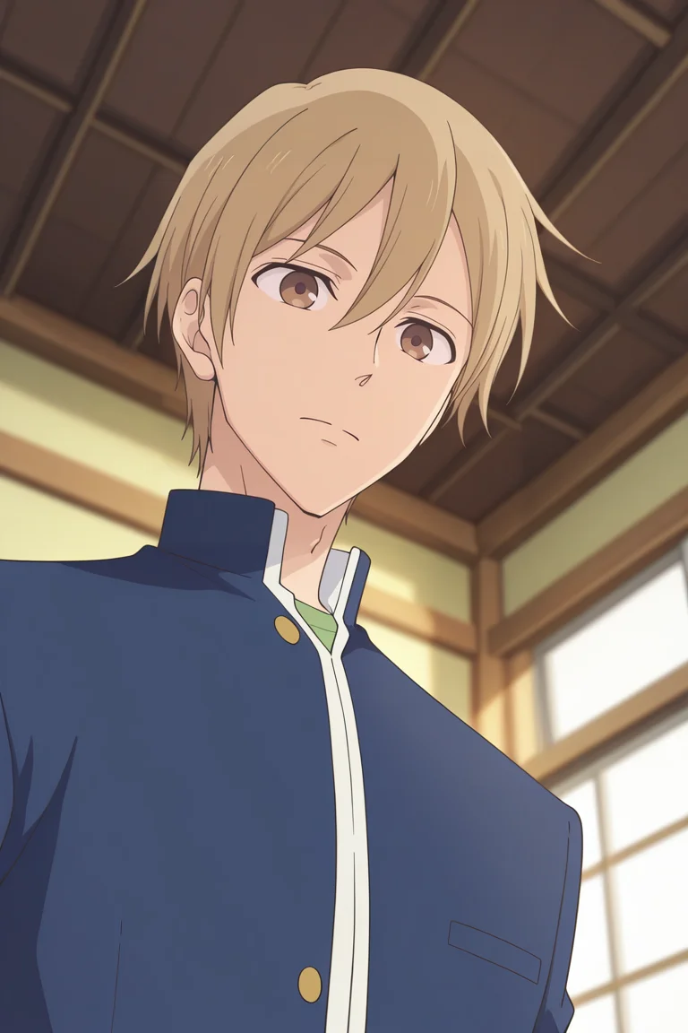 masterpiece, best quality, amazing quality,high resolution, intricate details,official style,depth of field,anime screencap, anime coloring, , , 1boy, solo, male focus,<lora:Yagi_Tomoya:0.80>,yagi tomoya,light brown hair,brown eyes,short hair,expressionless,blue jacket, school uniform,full body,closed mouth,collared shirt,from below,indoors,portrait,gakuran,facing viewer