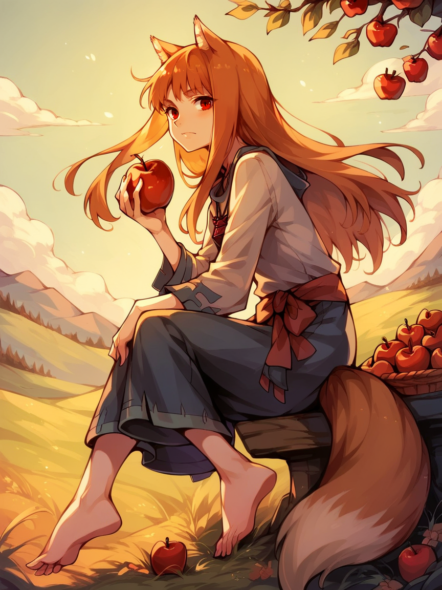 score_9, score_8_up, score_7_up, score_6_up, score_5_up,   <lora:HoloXLP:1> holo, 1girl, wolf ears, long hair, solo, red eyes, ginger hair, wolf tail, apple, barefoot