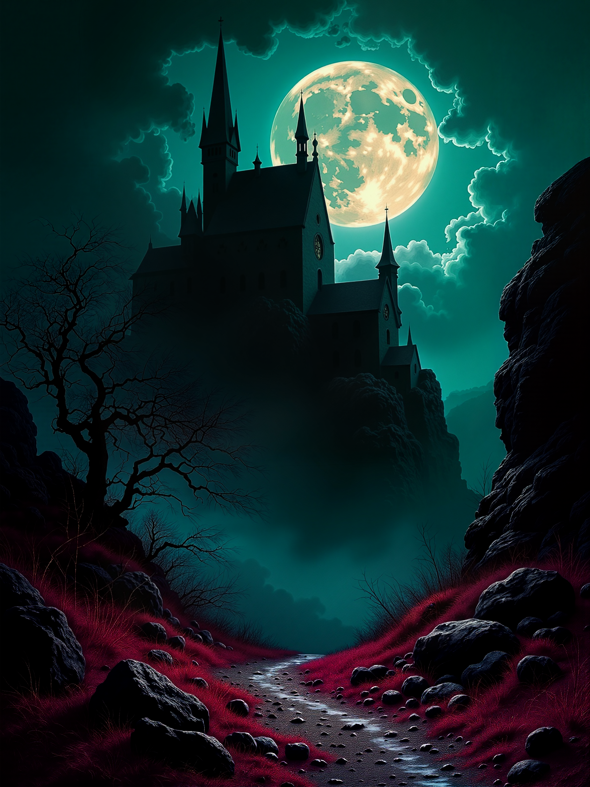 famous artwork, absolute masterwork, classical oil painting, oil on canvas, traditional media, at night, dark, dim lighting, low angle of view, dynamic, the style of the painting is reminiscent of romanticism, with its emphasis on dramatic landscapes and emotional depth, a dark, mystical landscape with a gothic theme, the scene is set under a full moon, which casts an eerie, glowing light over the entire composition, the sky is a deep, foreboding teal, filled with swirling, ominous clouds that frame the moon. in the background, a towering, medieval castle with spires and turrets dominates the scene, the castle is shrouded in shadow, with its details barely visible against the dark sky, build in a gothic revival architectural style, with pointed arches and intricate stonework. in the foreground, the landscape is rugged and barren, with jagged rocks and sparse vegetation, a twisted, leafless tree stands to the left, its branches reaching towards the moon like skeletal fingers, the ground is a mix of rocky terrain and patches of dry, reddish-brown grass. the painting uses a high-contrast color palette with deep shadows and bright highlights to create a dramatic, almost surreal atmosphere, the use of light and shadow is masterful, with the moonlight casting a soft glow on the rocks and foliage, while the dark areas remain shadowy and mysterious. the camera angle is slightly low, looking up towards the castle, which emphasizes the grandeur and height of the structure, this also adds to the sense of foreboding and awe, royal purple and deep teal and light beige and fuchsia and ebony black, ovg, style of rembrandt, vantablack, <lora:style-rembrandt-flux-by_tangbohu:0.52> <lora:vantablack-v2-flux-by_tijuanaslumlord:0.72>