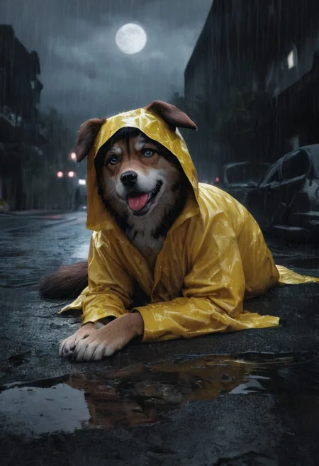 doggie1, perfecteyes, PacificNorthwest, hyperrealistic,  8k, gorgeous faint red lips, tongue hanging out, panting, dog sits next to a puddle, wears dirty yellow rain coat, puddle reflects dog, background run down car graveyard, moon inthe sky peeking through clouds, rainy, gloomy