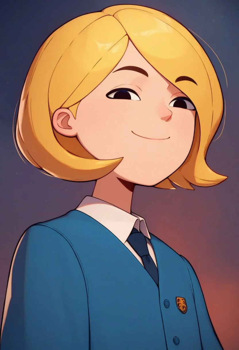 score_9, score_8_up, score_7_up, best quality, 4k, prefect lighting, source_cartoon, blonde hair,
1girl, solo, smile, closed mouth, looking at viewer, school uniform, flat chest, short hair, black eyes, upper body