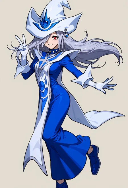 score_9, score_8_up, score_7_up, source_anime, good anatomy,1girl, solo, SilentMagicianOG, long hair, silver hair, swept bang, red eyes, medium breasts, SiMaClassic, white and blue tabard with silver trim, very long dress, blue dress, white gloves, puffy sleeves, white and blue hat, wizard hat, metal choker, hat over one eye, standing, smiling, v v, blue shoes, leg up, on one leg, fluttering dress, fluttering tabard