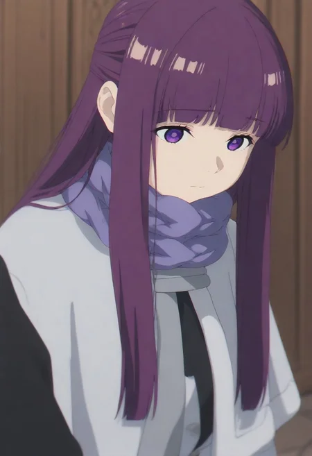masterpiece, best quality, amazing quality,,, shiny skin,,,,,,, <lora:Fern:1> f3rn, fern (sousou no frieren), long hair, purple hair, blunt bangs, sidelocks, straight hair, purple eyes,, capelet, white capelet,white dress, black coat, purple scarf,