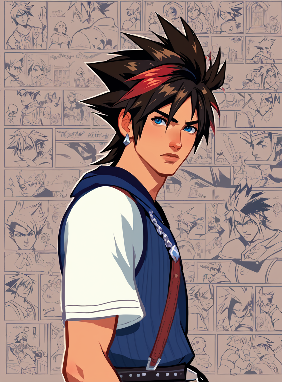 score_9, score_8_up, score_7_up, bullypxl, comic wallpaper, <lora:bullypxl:0.7>, best quality, 2d, 1boy, sora \(kingdom hearts\), spiked hair, blue eyes