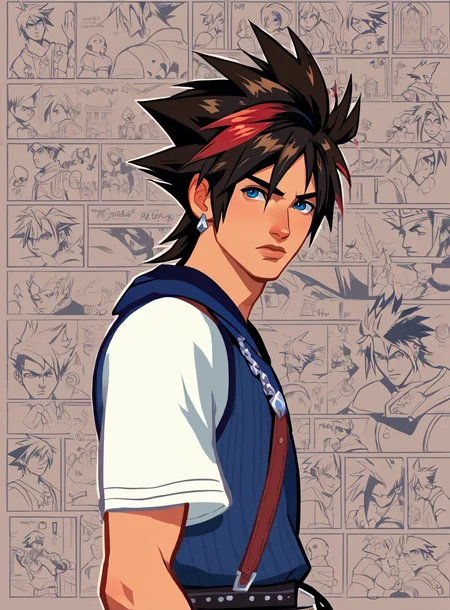 score_9, score_8_up, score_7_up, bullypxl, comic wallpaper, <lora:bullypxl:0.7>, best quality, 2d, 1boy, sora \(kingdom hearts\), spiked hair, blue eyes