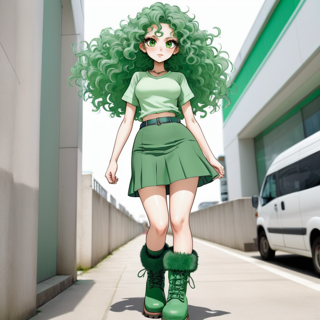 Manga. Woman wearing a green skirt and top and chunky boots with very long curly eyelashes. Manga with bold smooth outlines and subtle shading with vivid colour. <lora:eyelashes:1>