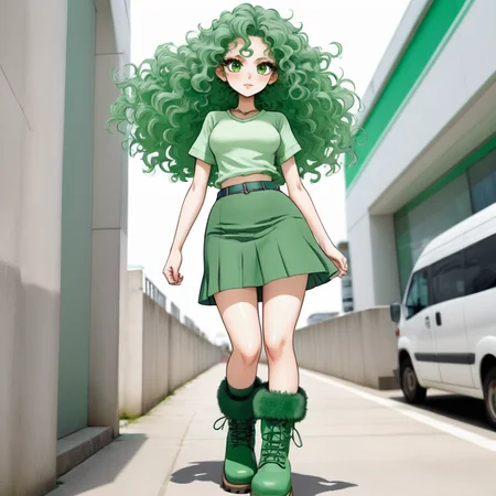 Manga. Woman wearing a green skirt and top and chunky boots with very long curly eyelashes. Manga with bold smooth outlines and subtle shading with vivid colour. <lora:eyelashes:1>
