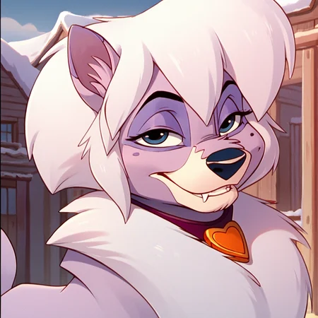 score_9, score_8_up, score_7_up, score_6_up, score_5_up, score_4_up, <lora:DixieBaltoPNY:1>, dixiefrbalto, body fur, dog, two tone fur, purple fur, collar, blue eyes, solo, no humans, white hair, tail, outside, snow, trees, animal ears, looking at viewer, buildings, smile, fangs,