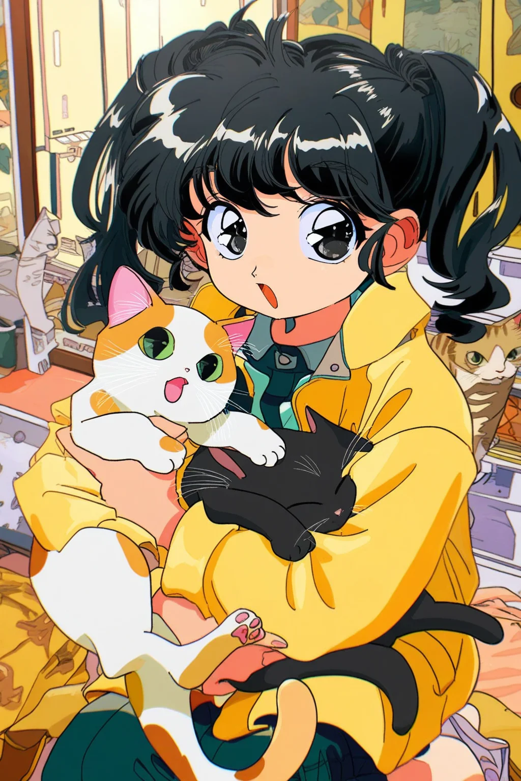 90sfugu,1girl,cat,black hair,holding animal,solo,holding,twintails,black eyes,holding cat,open mouth,jacket,animal,indoors,looking at viewer,