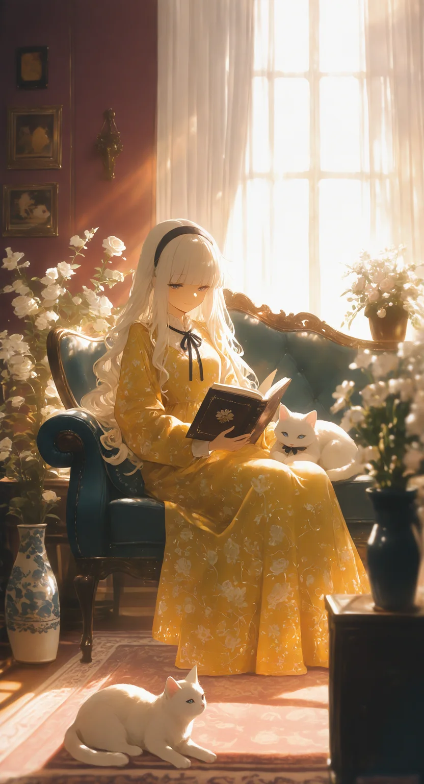masterpiece, best quality, good quality, newest, highres, absurdres, 1girl, solo, long hair, smile, blonde hair, long sleeves, dress, holding, ribbon, closed mouth, sitting, white hair, flower, hairband, indoors, blunt bangs, blurry, book, window, neck ribbon, depth of field, rose, animal, wavy hair, floral print, white flower, sunlight, cat, plant, curtains, animal print, couch, holding book, blurry foreground, open book, blanket, potted plant, reading, on couch, yellow dress, picture frame, vase, print dress, armchair, white cat, carpet, drawing \(object\), rug, xxx667_illu <lora:illustriousXL_stabilizer_v1.23:0.3> <lora:NOOB_vp1_detailer_by_volnovik_v1:0.3> <lora:ponyv6_noobE11_2_adamW-000017:0.45> <lora:XXX667:0.4> <lora:WSSKX_WAI:0.7>