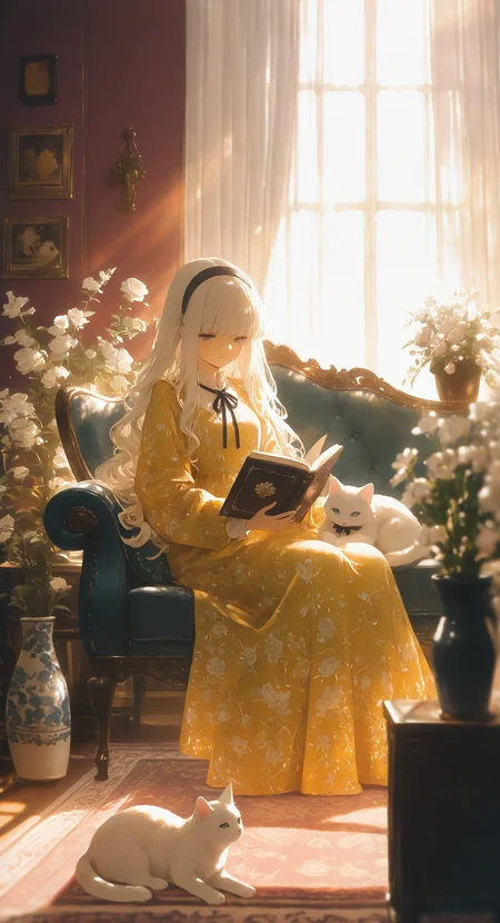 masterpiece, best quality, good quality, newest, highres, absurdres, 1girl, solo, long hair, smile, blonde hair, long sleeves, dress, holding, ribbon, closed mouth, sitting, white hair, flower, hairband, indoors, blunt bangs, blurry, book, window, neck ribbon, depth of field, rose, animal, wavy hair, floral print, white flower, sunlight, cat, plant, curtains, animal print, couch, holding book, blurry foreground, open book, blanket, potted plant, reading, on couch, yellow dress, picture frame, vase, print dress, armchair, white cat, carpet, drawing \(object\), rug, xxx667_illu <lora:illustriousXL_stabilizer_v1.23:0.3> <lora:NOOB_vp1_detailer_by_volnovik_v1:0.3> <lora:ponyv6_noobE11_2_adamW-000017:0.45> <lora:XXX667:0.4> <lora:WSSKX_WAI:0.7>