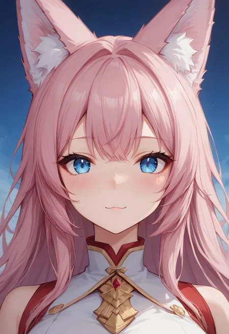 (masterpiece), (best quality), source_anime+, perfect anatomy, HD, 10k res, digital_media_(artwork) hi_res, intricate, high quality, amazing quality, Expressive Face, 
A fox girl with long pink hair and blue eyes, Drestoria-Style_V1, semi-realism, nose, Zyrnox-Exoterra Style