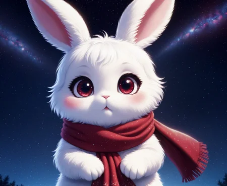 a cute fluffy bunny with big sparkly eyes, wearing a red scarf, starry sky in the background, anime, <lora:LCM_LoRA_Weights:0.8>