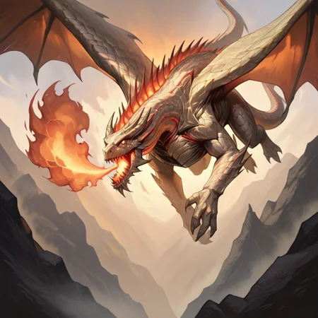 masterpiece, best quality, newest, absurdres, highres, TTCSV1.0, WDIV1.0, western dragon, dragon, monster, no humans, wings, scales, GOTPV1.0, flying, breathing fire, fire,