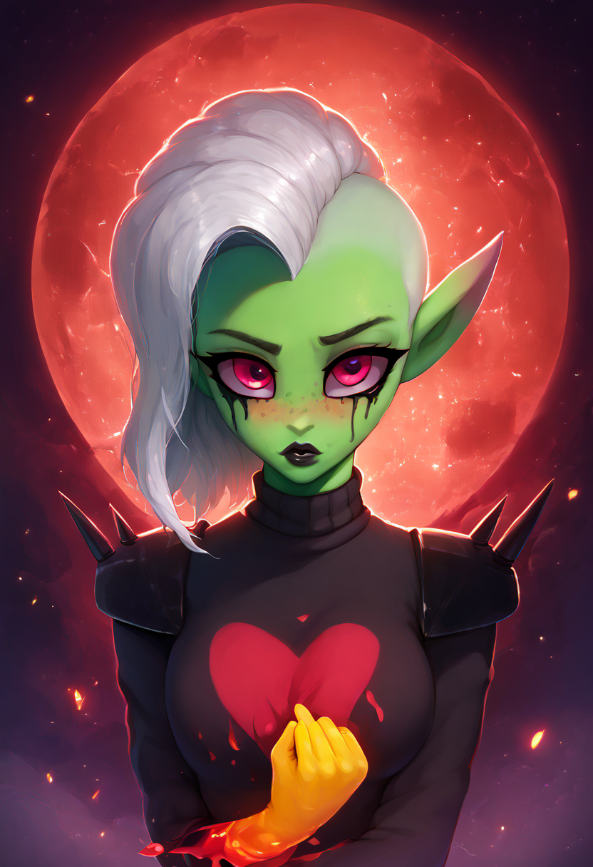 zPDXL, score_9,score_8_up,score_7_up,_up,source_cartoon, best quality, amazing quality, masterpiece, 1girl, looking at viewer, solo, blush, black lips, <lora:LordDominator3D:0.8>, lord dominator wo!262, green skin, breasts, white hair, pink eyes, freckles, no nose, pointy ears, dark forest, night, red moon, stars at the sky, wallpaper, beautiful nature, beautiful background, clevage,sweater, large breast,  photonoko,  <lora:Photonoko:1>, Expressiveh, good_hands, <lora:Expressive_H:0.8>, <lora:Detail_Slider_v1.4_iteration_3:4>, <lora:pony_good_hands:0.8>