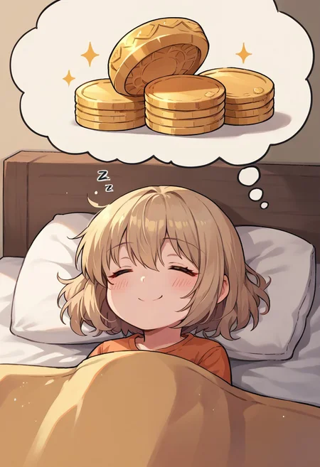 rating_safe, score_9, score_8_up, score_7_up, source_anime, cute girl, smile, dreaming, sleeping, head on pillow, in bed, dreaming of golden coins, thought bubble