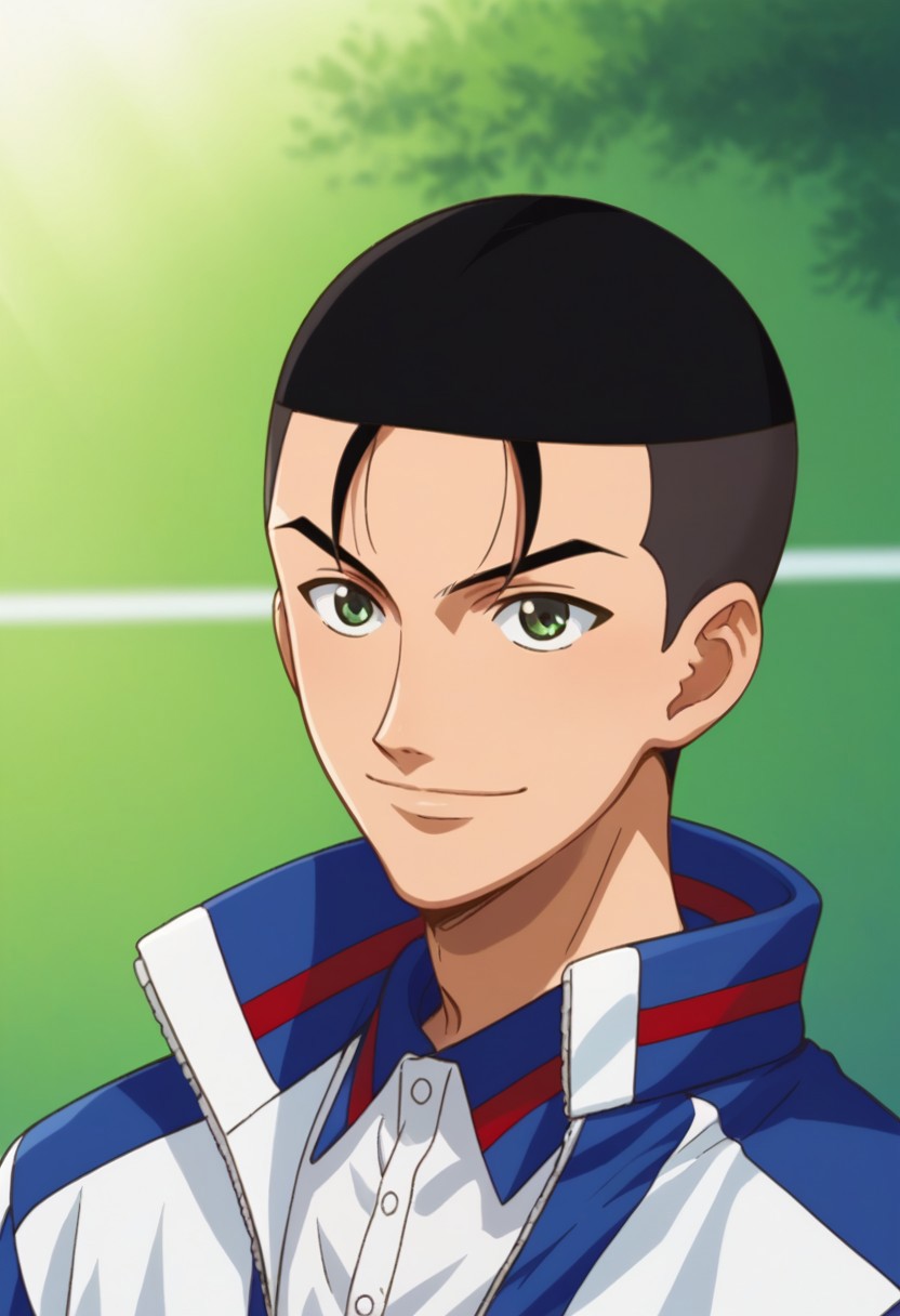 score_9, score_8_up, score_7_up, source_anime, highly detailed, 
shuichiro, 1boy, male focus, solo, black hair, very short hair, green eyes, sportwear, green eyes, jacket, track jacket, upper body, smile
outdoor,