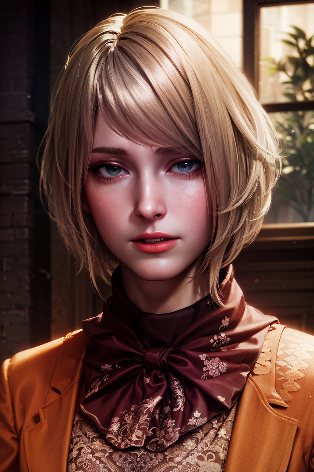 1girl, portrait of re4ashley, parted lips, dark old mansion indoors, window, lightning, night, thunder, volumetric lighting, best quality, masterpiece, intricate details, tonemapping, sharp focus, hyper detailed, trending on Artstation, realistic, <lora:sxz-ashley-graham:0.6>
