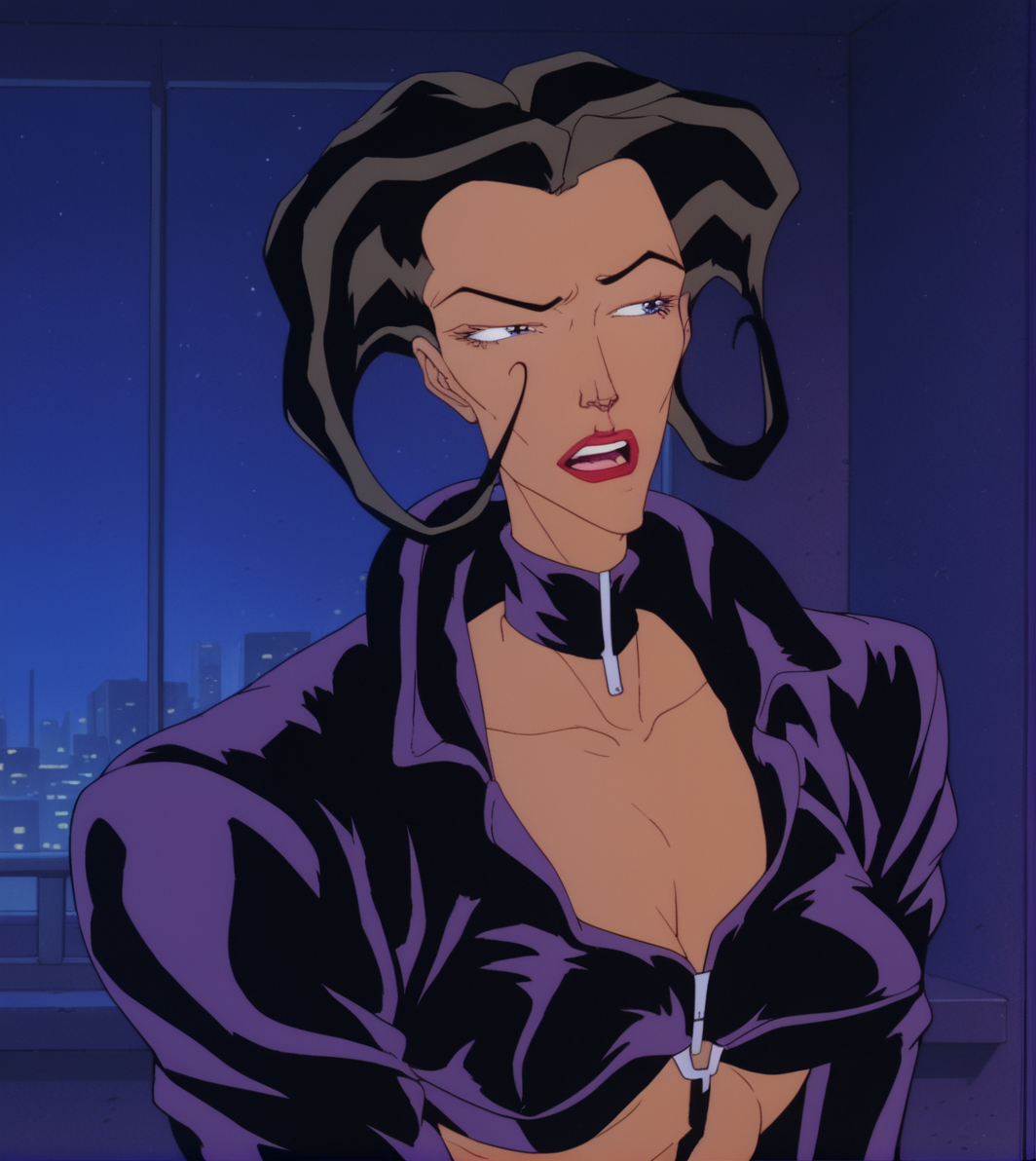 score_9,score_8_up, score_7_up,
aeon flux, purple coat, collarbone, dark skin, high collar, lipstick, indoors, raised eyebrow, night, night sky, open mouth, teeth, window, futuristic city, retro_artstyle,
<lora:Always_In_Flux_Style:1> <lora:Aeon_Flux-000007:.8>