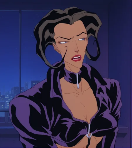score_9,score_8_up, score_7_up,
aeon flux, purple coat, collarbone, dark skin, high collar, lipstick, indoors, raised eyebrow, night, night sky, open mouth, teeth, window, futuristic city, retro_artstyle,
<lora:Always_In_Flux_Style:1> <lora:Aeon_Flux-000007:.8>