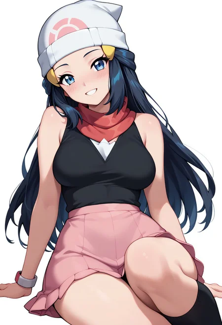 score_9, score_8_up, score_8, big breasts, (curvy), cute, eyelashes,     
patDawn, dawn (pokemon), black hair, blue eyes, sidelocks, long hair, bare shoulders, beanie, black shirt, black socks, bracelet, kneehighs, pink skirt, red scarf, shirt, sleeveless shirt, white headwear,
zPDXL,
smile, looking at viewer, head tilt, blush, ,