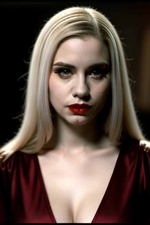 Romanian vampire girl, 23 years old, (beautiful:1.75), (very pale skin:1.35), (gothic makeup:0.99), (Red Lipstick:1),  (anime:0.35), (oval face:0.25), (attractive), (elegant1.5), (night), (front view:1.25), (elegant), 10 minutes before the world will end, hyper-realistic, ultra-detailed, insanely detailed, 4k, realistic 8k, shot on portra 400, (back light), (anime:0.05), (style of Leonardo da Vinci:1.0), (masterpiece), (style of George Barbier:1)