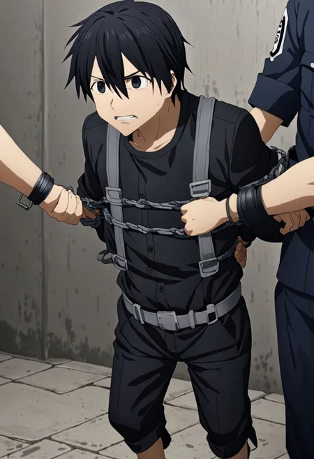 high resolution, professional photography, best quality, 1Boy, Kirigaya Kazuto, Black Hair, Black Eyes, overalldetail, arrested, restrained, struggling
