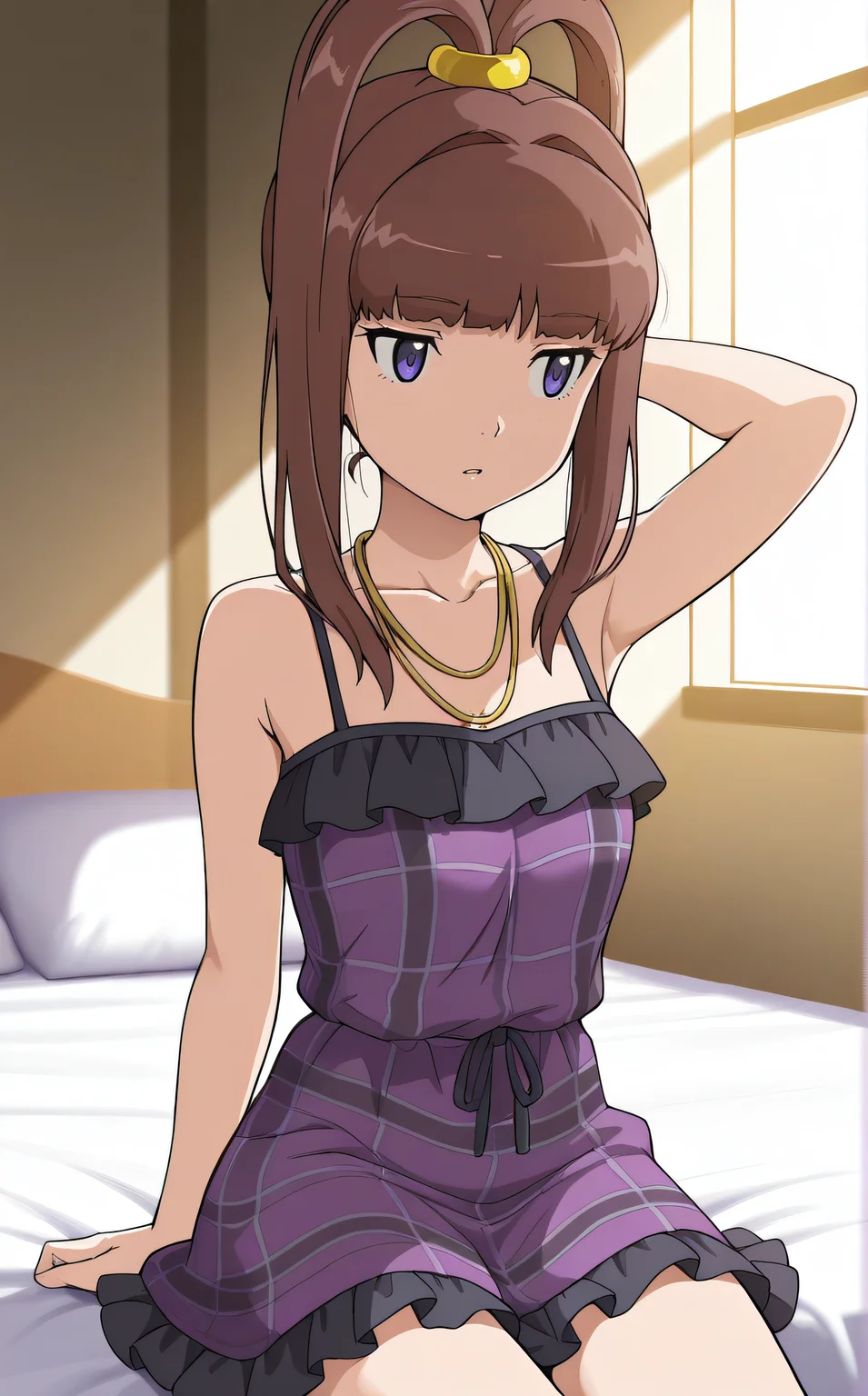 masterpiece, best quality, highres, scenery, newest, 1girl, solo, official style, <lora:IL_Amano_Nene_v2:1>, nene, necklace, collarbone, purple plaid dress, bare shoulders, black frills, indoor, sitting on bed, expressionless, cowboy shot, armpit, parted lips, hand behind head, from side