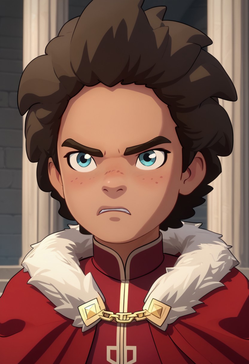 Score_9, Score_8, Score_7, TDPStyle, Ezran, Young, Young Ezran, King Outfit, Fur Trimmed Cape, Gold Diadem, Blue Eyes, bust shot, determined face, stone pillars,