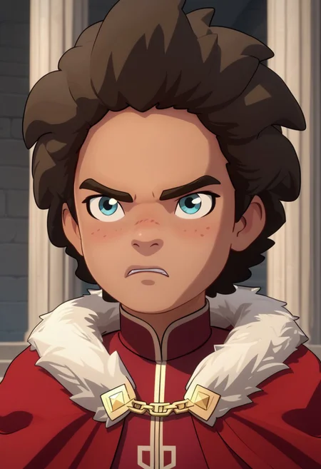 Score_9, Score_8, Score_7, TDPStyle, Ezran, Young, Young Ezran, King Outfit, Fur Trimmed Cape, Gold Diadem, Blue Eyes, bust shot, determined face, stone pillars,
