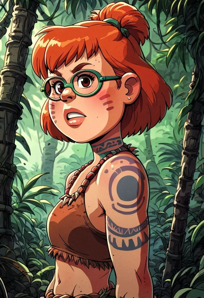 score_9, knva, halftone effect, 1girl, solo, east asian skin, jungle girl, human, m_l, 1girl, small body, plump, brown eyes, short hair, orange hair, glasses, mint (((bone in hair))), ((high ponytail with a bone bow)), ((a large bone going through her hair)), ((pebbles flintstone hair)), human face, human nose, human ears, adult, breasts, loin cloth, jungle, red panda war paint, red panda face markings, face paint, tribal face paint, 2d, barbarian, bamboo, toned body, confident, proud, huntress, hunting, spear, tribal warrior, savage, masterpiece, pin-up, tattooed, tattoos, tribal tattoos, red tattoos,