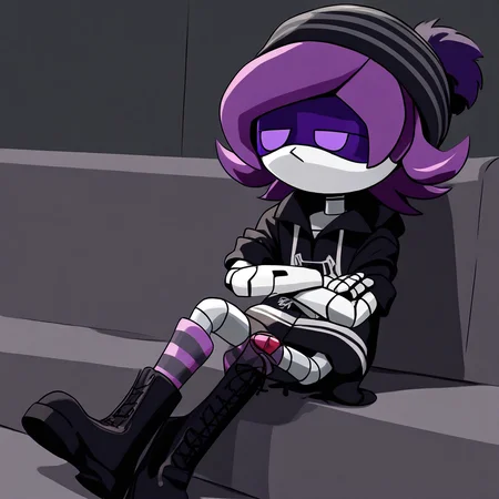 Masterpiece, Best Quality, 2D, 1girl, solo, Uzi, Purple Hair, Purple Eyes, Robot, Visor, Black Hoodie, Beanie, Striped Socks, boots, bored, arms crossed
