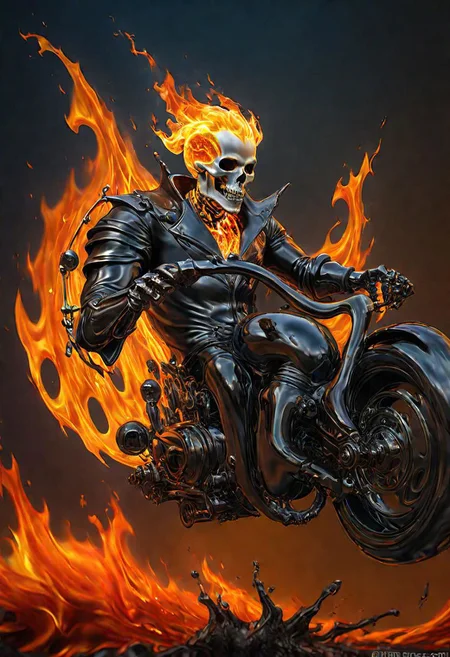 (masterpiece))
A etheral Ghost Rider,
HDR, hyper realistic, 
Black goo,
godly auburn light, flames, damned soul,