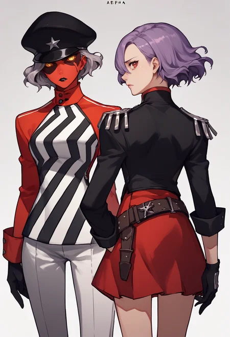 score_9, score_8_up, score_7_up, source_anime, 2girls, cowboy shot, BREAK
1girl, <lora:zs_ErnestoXL:0.97> ernestop5t, colored skin, red skin, yellow eyes, short hair, grey hair, hat, striped dress, pants, gloves, black lipstick, parted lips, serious, BREAK
1girl, looking back, <lora:zs_ErinaXL:0.97> erinap5t, short hair, hair over one eye, purple hair, black jacket, epaulets, belt, red skirt, gloves, sad, looking at you