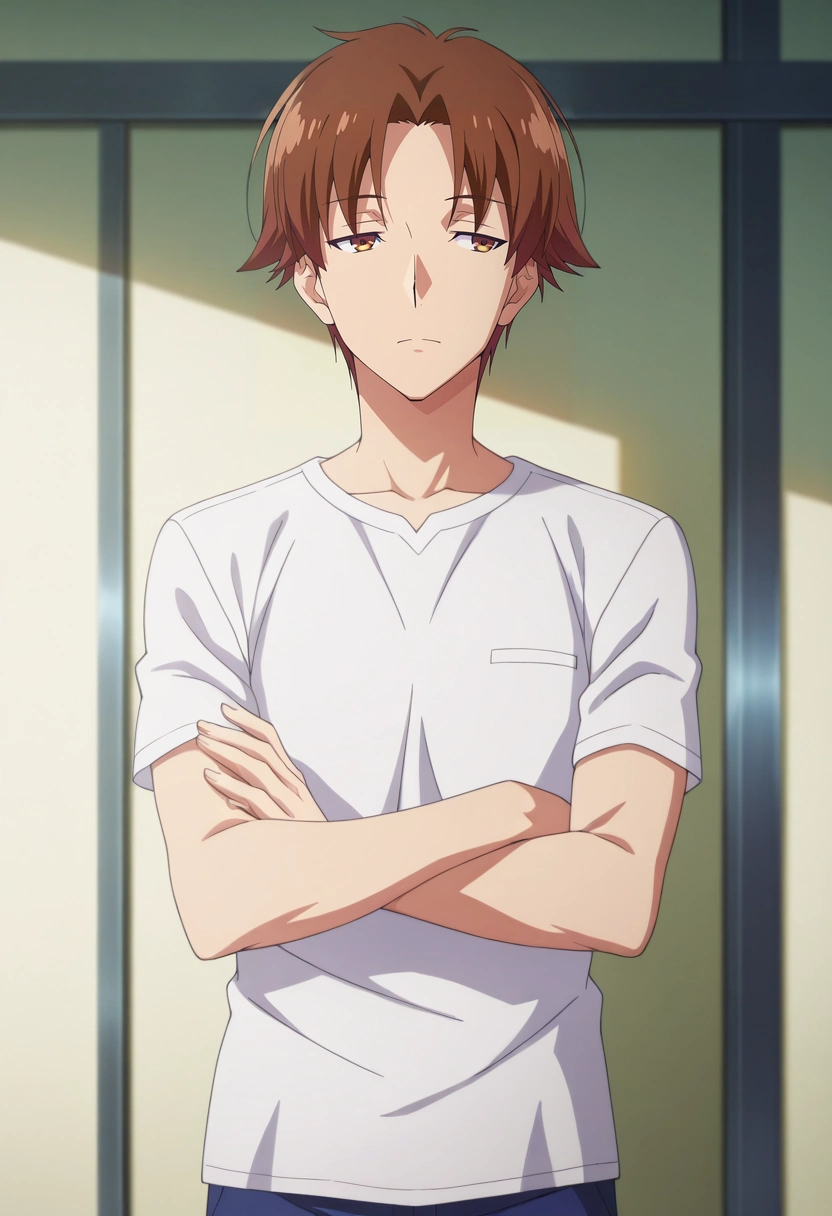 masterpiece, best quality, , anime screencap, , official style, , 1boy, solo, male focus, <lora:kiyotaka_ayanokouji_ilxl:0.9>, kiyotaka_ayanokouji, brown hair, brown eyes, short hair, bangs, parted bangs, , crossed arms, distant gaze, calm expression, standing pose, soft morning light,