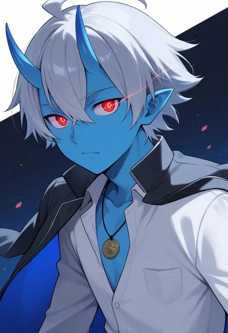score_9, score_8_up, score_7_up, source_anime, highly detailed,
Hikigaya Hachiman,
hachi, 1boy, colored skin, deep blue skin, school uniform, male focus, ahoge, straight horns, icyy-white hair, Oni horns, glowing eyes, white shirt, jewelry, necklace, jacket on shoulders
BREAK