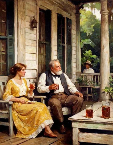 painting by Schoonover of a lady with light brown hair, drinking sweet tea with an old overweight gentleman, on the porch of a Louisiana plantation in the bayou during the summer of 1911, texture, top down, close up <lora:FSchoonover-000003:1>