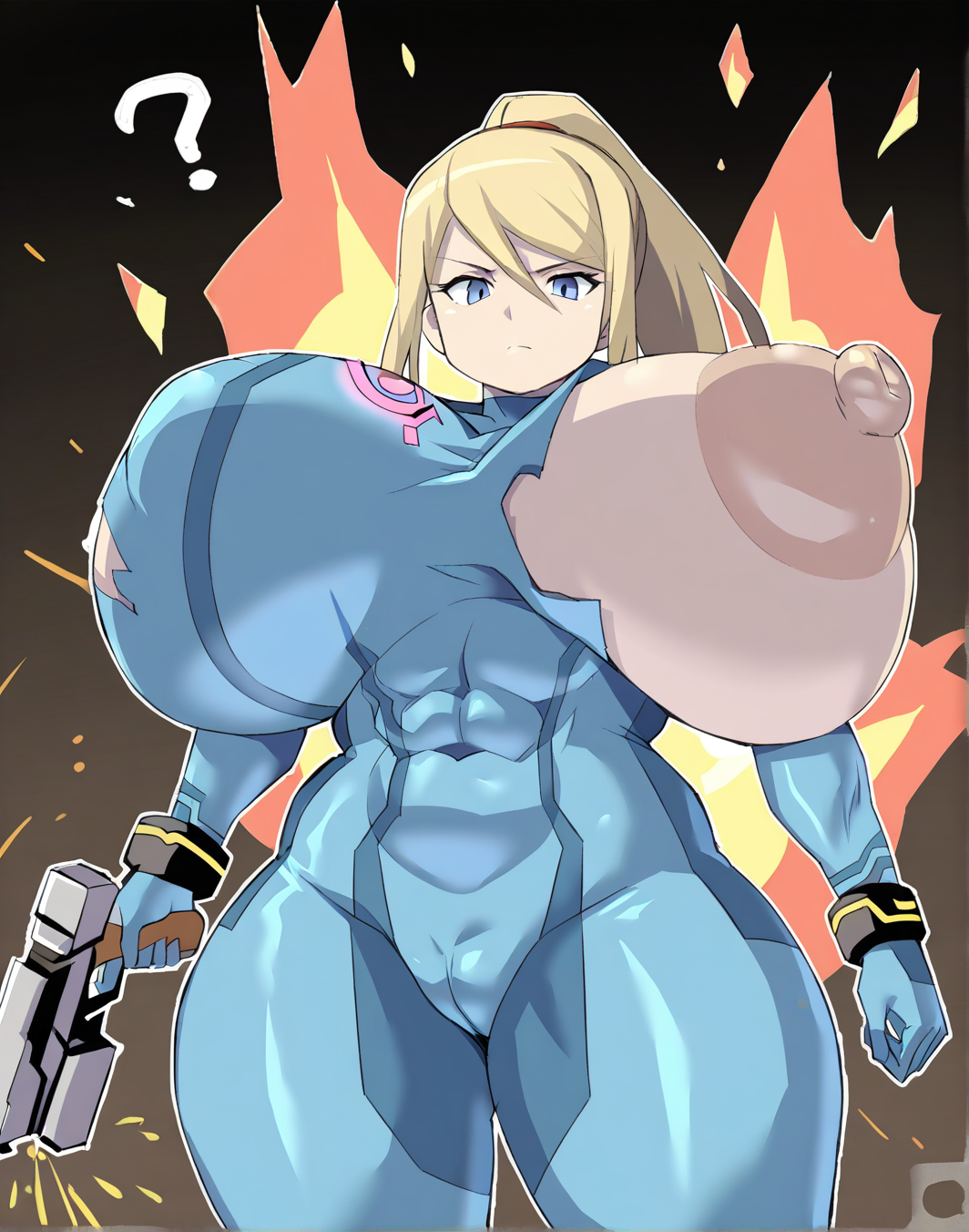 <lora:Sakana88888888_-_WAI-000027:1>, safe_pos, masterpiece, (front-facing), Zero suit Samus, 1girl solo, looking down at viewer, annoyed expression, ?, glaring, neutral mouth, muscular thighs, abs, jumpsuit, (cameltoe:1.1), (plump pussy:1.2), gigantic breasts, (ripped suit:1.2), one-breast exposed, huge nipples, areola peek, nipple peek, holding pistol, Broken-Down Spaceship Setting, Wires in the background, sparks, fire in the background