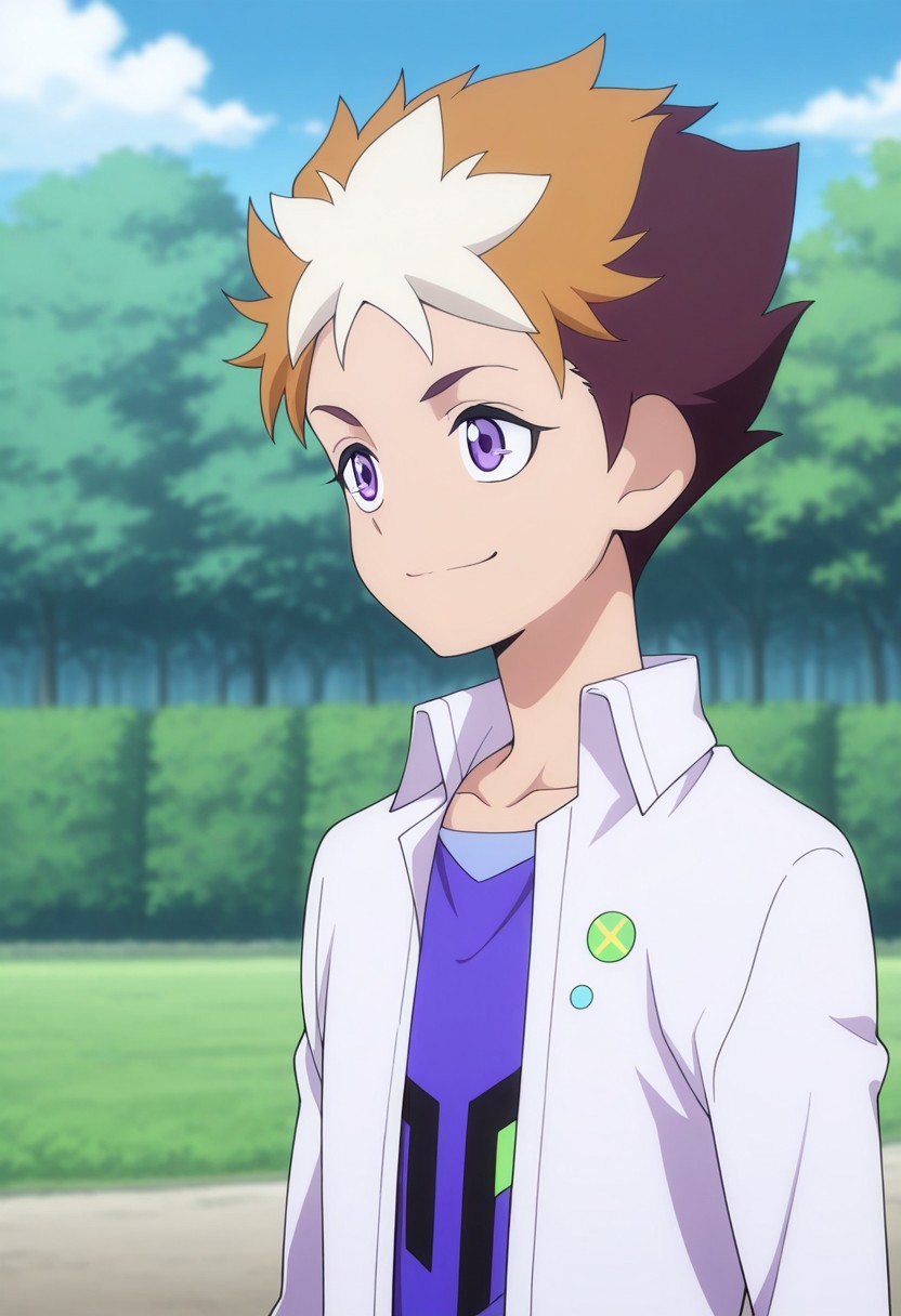 masterpiece,best quality,amazing quality, source_anime,
SubaruMakabe, 1boy, male focus, solo, purple eyes, multicolored hair, brown hair, white hair, collarbone, shirt, purple shirt, white shirt, collared shirt, open shirt, smile, outdoor,