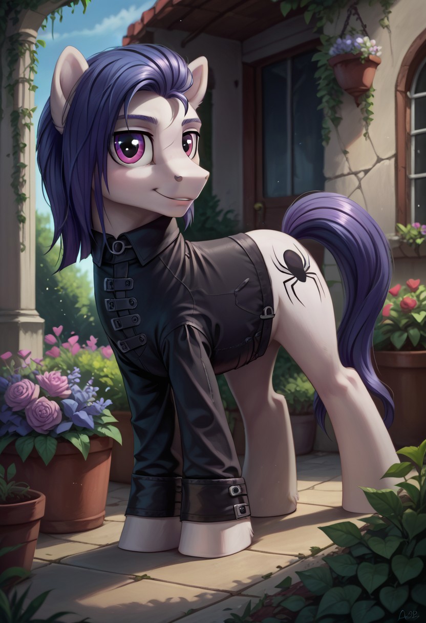 safe_pos, safe_pos, score_9, score_8_up, score_7_up, score_6_up, body light gray,
eyes red,
(mane and tail dark blue,:1.3)
eyelids gray,
earth pony,
man,
long hair,
Funnel Web,

 realistic illustration, dramatic angle, outside, garden, (day), , solo, pony, my little pony,  body, shiny skin,  looking at you, happy playful, cheerful dramatic 
solo
