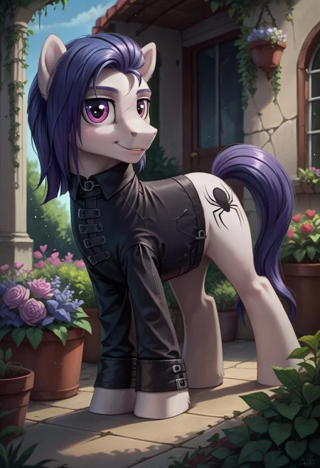 safe_pos, safe_pos, score_9, score_8_up, score_7_up, score_6_up, body light gray,
eyes red,
(mane and tail dark blue,:1.3)
eyelids gray,
earth pony,
man,
long hair,
Funnel Web,
realistic illustration, dramatic angle, outside, garden, (day), , solo, pony, my little pony, body, shiny skin, looking at you, happy playful, cheerful dramatic
solo