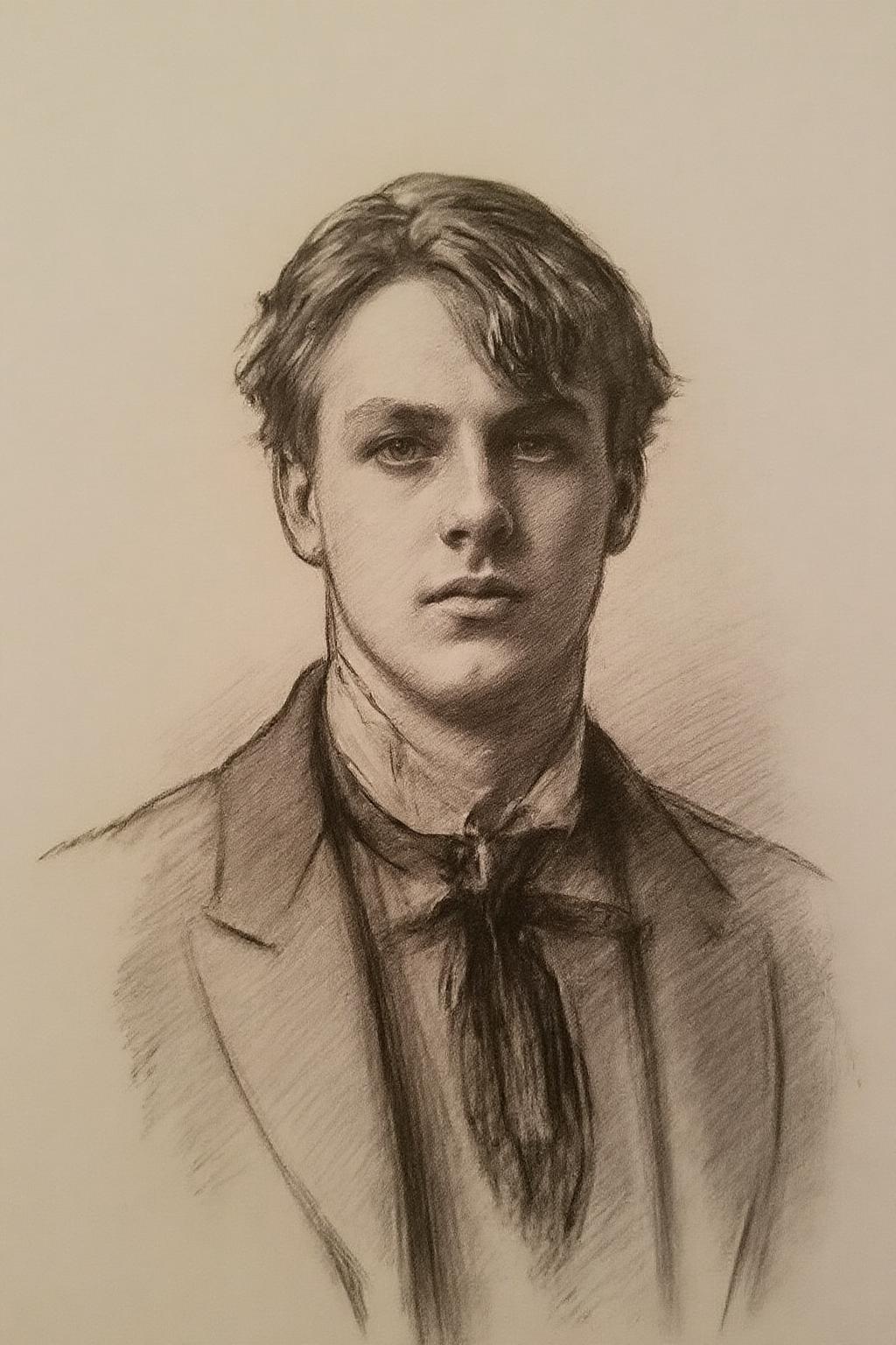 johnss1 charcoal drawing. 
charcoal drawing of a young man from early 20th century. His hair is styled in a slightly tousled manner, with a few strands falling over his forehead, adding a touch of softness to his otherwise stern demeanor.
 <lora:johnss1_cap_d6a3e12:1.0><lora:824330165711695714:0>