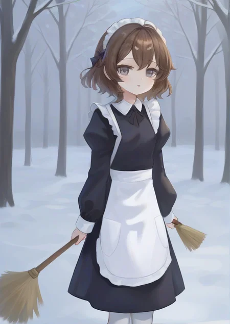 1girl, rosaline (afk arena), by kodoto, , :o, apron, bare tree, black bow, black dress, bow, braid, breasts, broom, brown hair, collared dress, day, dress, grey eyes, hair bow, holding, holding broom, long sleeves, looking at viewer, maid, outdoors, parted lips, puffy long sleeves, puffy sleeves, small breasts, snow, solo, tree, white apron,  <lora:DoKoMoN:1>