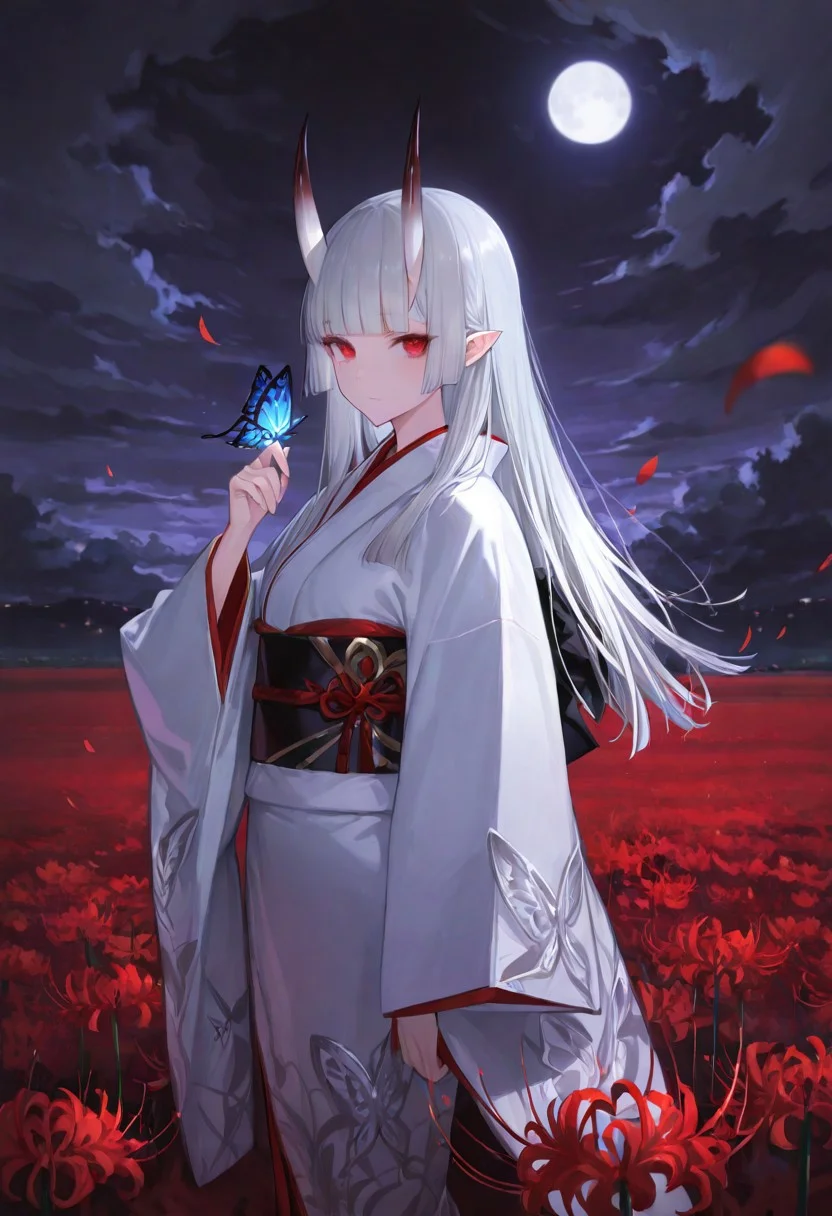 1girl, blunt bangs, bug, butterfly, butterfly on hand, cloud, cloudy sky, field, flower, flower field, full moon, grey hair, hand up, horns, japanese clothes, kimono, long hair, long sleeves, looking at viewer, moon, night, night sky, obi, oni, outdoors, petals, pointy ears, red eyes, red flower, sash, sky, solo, spider lily, standing, white hair, white kimono, wide sleeves