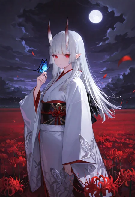 1girl, blunt bangs, bug, butterfly, butterfly on hand, cloud, cloudy sky, field, flower, flower field, full moon, grey hair, hand up, horns, japanese clothes, kimono, long hair, long sleeves, looking at viewer, moon, night, night sky, obi, oni, outdoors, petals, pointy ears, red eyes, red flower, sash, sky, solo, spider lily, standing, white hair, white kimono, wide sleeves