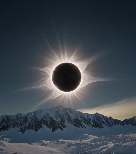 <lora:3cl1p53_01XL-000008:1.1>,(3cl1p53 style),a RAW photograph of (3cl1p53 eclipse:0.9) (rising high in the sky above),a (snow covered mountain range) at night,surrounded by bright solar corona,HDR,(wide angle shot),sharp focus,(highly detailed),(8k wallpaper),intricately detailed,highres,absurdres,hyper realistic,8K UHD DSLR,IMAX,extremely intricate,4k textures,cinematic look),hyperdetailed