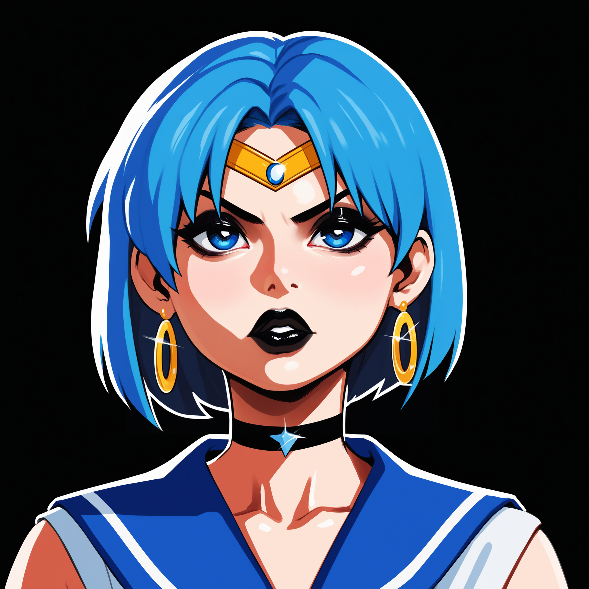 score_9, score_8_up, score_7_up, score_6_up, score_5_up, score_4_up,
BREAK
sailor mercury, blue hair, short hair, blue eyes, circlet, black eyeshadow, black eyeliner, long eyelashes, black choker, black lips, thick lips, bimbo lips, big lips, pout, half-closed eyes, hoop earrings, bags under eyes, looking at viewer,
BREAK
solo, portrait, blue serafuku, blue sailor collar,
BREAK
black background, simple background, angled shot, realistic, shiny skin, modeseven, <lora:Lunas-Modeseven-SDXL-A3:1>