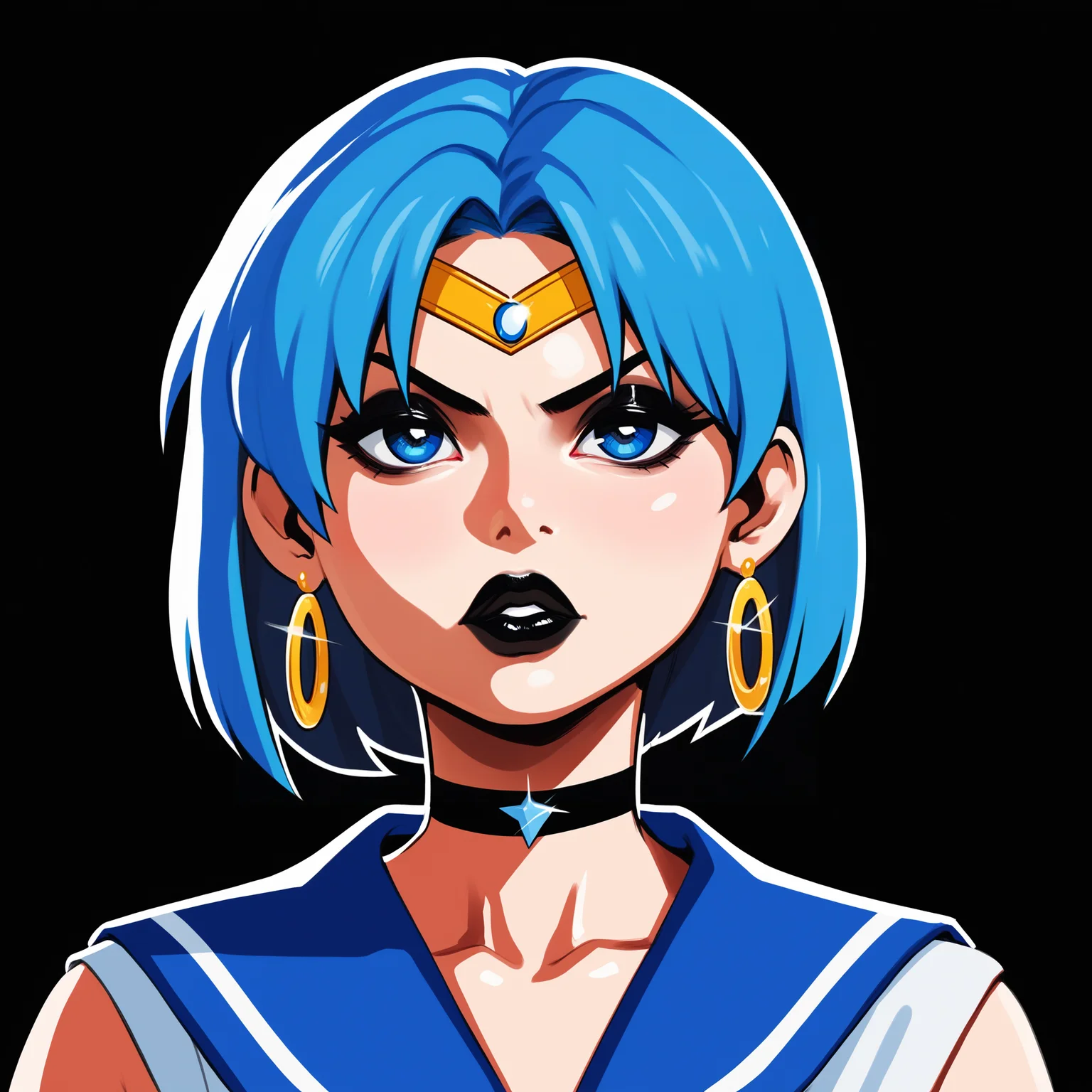 score_9, score_8_up, score_7_up, score_6_up, score_5_up, score_4_up,
BREAK
sailor mercury, blue hair, short hair, blue eyes, circlet, black eyeshadow, black eyeliner, long eyelashes, black choker, black lips, thick lips, bimbo lips, big lips, pout, half-closed eyes, hoop earrings, bags under eyes, looking at viewer,
BREAK
solo, portrait, blue serafuku, blue sailor collar,
BREAK
black background, simple background, angled shot, realistic, shiny skin, modeseven, <lora:Lunas-Modeseven-SDXL-A3:1>