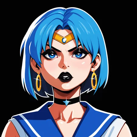 score_9, score_8_up, score_7_up, score_6_up, score_5_up, score_4_up,
BREAK
sailor mercury, blue hair, short hair, blue eyes, circlet, black eyeshadow, black eyeliner, long eyelashes, black choker, black lips, thick lips, bimbo lips, big lips, pout, half-closed eyes, hoop earrings, bags under eyes, looking at viewer,
BREAK
solo, portrait, blue serafuku, blue sailor collar,
BREAK
black background, simple background, angled shot, realistic, shiny skin, modeseven, <lora:Lunas-Modeseven-SDXL-A3:1>