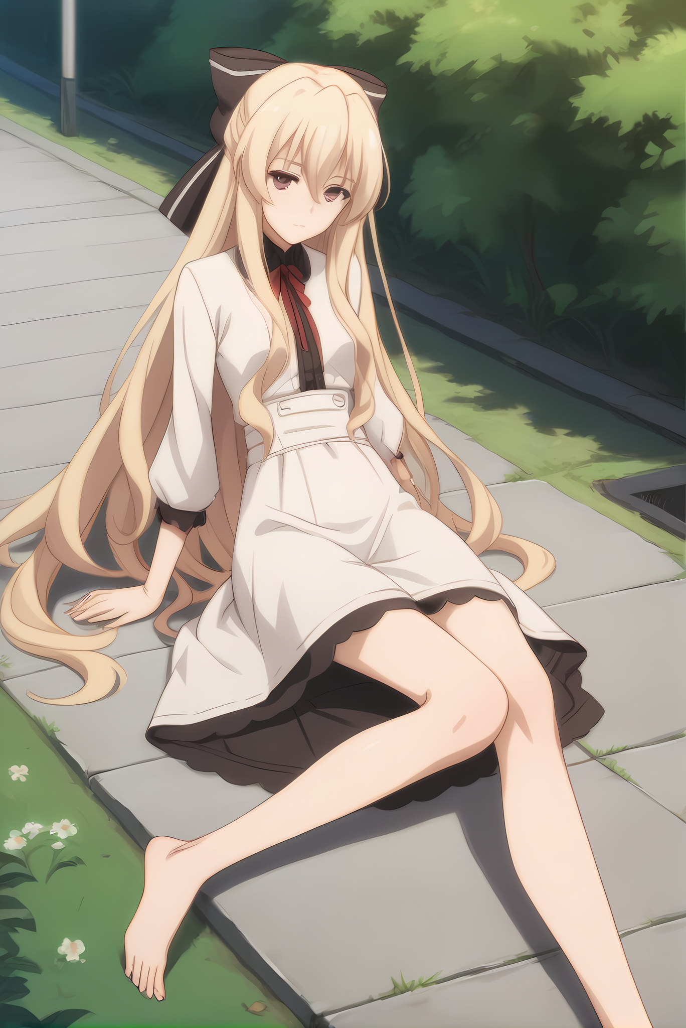 (skinny), mt-leticia-mature, mature, aged up, blonde hair, hair bow, 1girl, solo, skinny, feet, score_9, score_8_up, score_8, score_7_up, score_7, source_anime, , park, (full body|sitting|standing|lying|:1.20), <lora:mt-leticia-V01-000004:0.60>